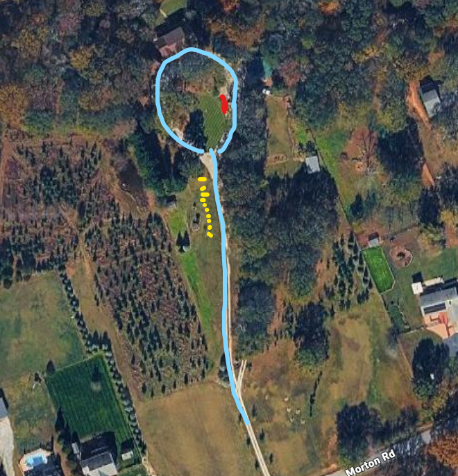 Aerial map showing the driveway and parking on the left before the circle
